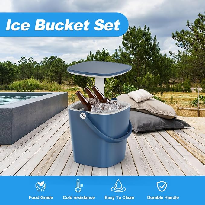 EasyUp Outdoor Cooler Side Table, Portable Ice Cooler Table with Table Top, Outdoor Ice Cool Bar, Lift Top Lid, Durable Handle, Cold Resistance, for Patio, Pool, Camping (Blue)
