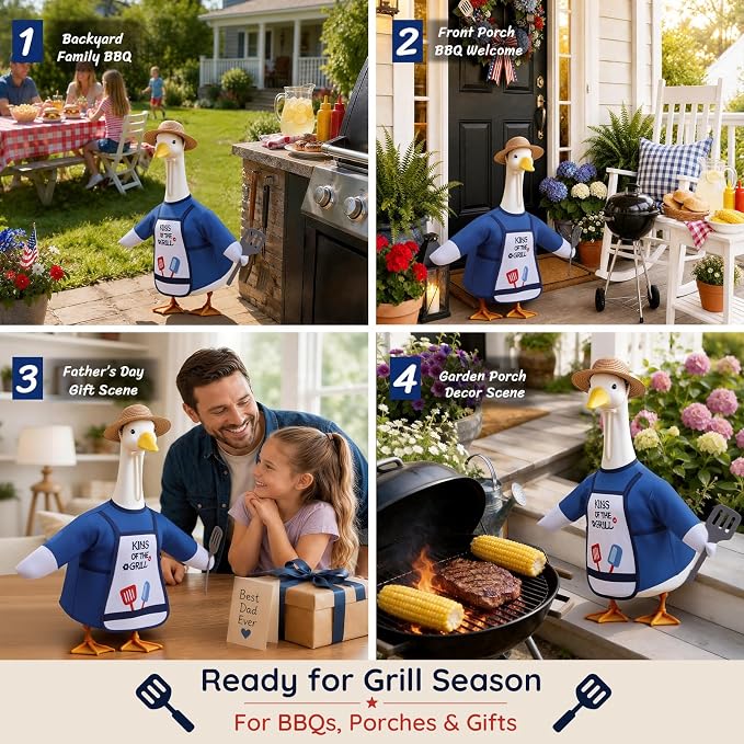 BBQ Porch Goose Outfits, 23 Inch Porch Goose Summer Outfit, Funny Duck Clothes with Straw Hat, Apron & Spatula -Goose Clothes for Cement Goose Outdoor Garden Yard Decor