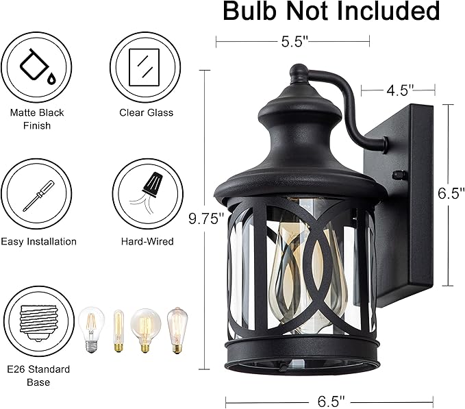 2-Pack Outdoor Wall Lights, Porch Lights, Waterproof Outdoor Wall Sconce, Exterior Light Fixtures Matte Black with Clear Glass Shade for House Garage Patio Front Door Balcony