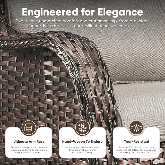 Belord 5 Piece Wicker Patio Furniture Set, Outdoor Swivel Rocker Chairs Set of 2 with Ottomans and 3 Seater Sofa, All Weather Patio Conversation Furniture Set, for Porch Pool, Brown Wicker/Beige