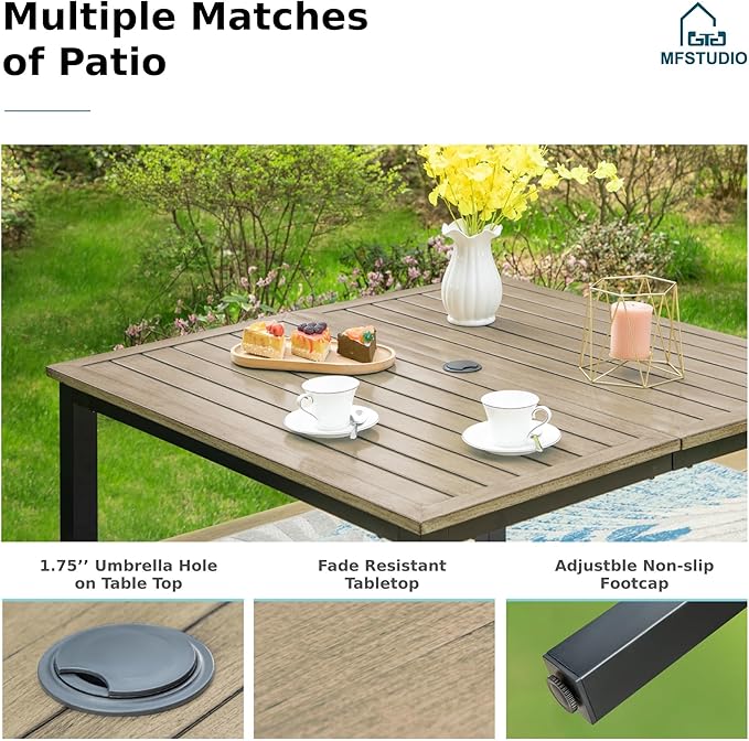 MFSTUDIO Patio Table and Chairs Set of 4, Outdoor Dining Set with Square Table and Swivel Chairs, 5 Piece Patio Dining Set for Deck Backyard Poolside