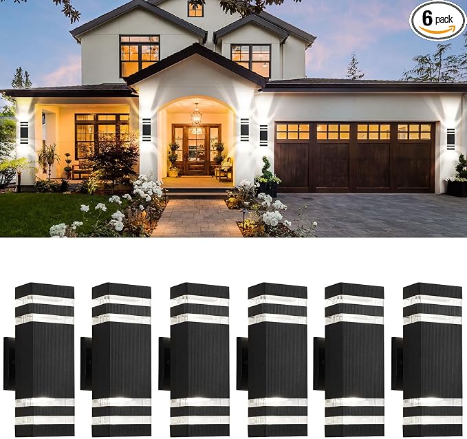 6 Pack Outdoor Wall Lights, Black Exterior Light Fixture Wall Mount Modern Outdoor Lights for House, Waterproof Aluminum Up and Down Porch Lights Outside Wall Sconces for Garage Porch, 2-Layer
