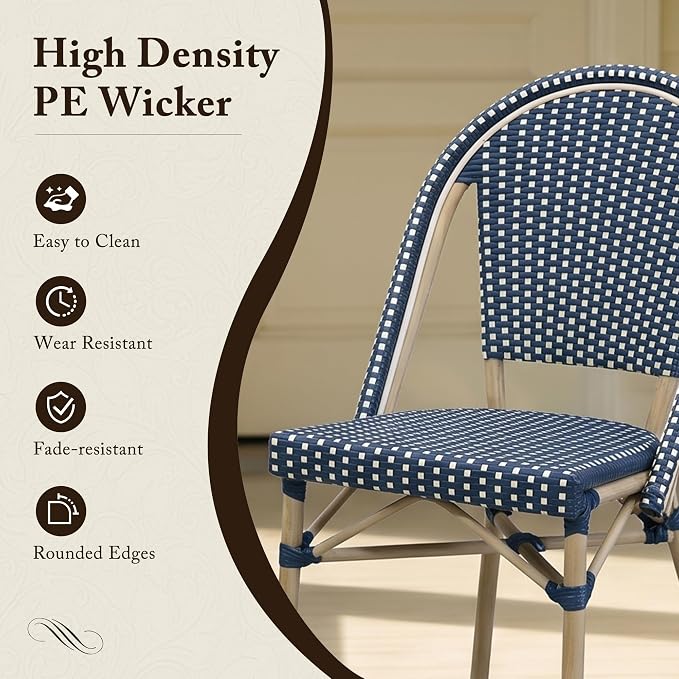 PURPLE LEAF 5-Piece French Bistro Dining Set Square Outdoor Patio Table and 4 Armless Chairs Tempered Glass Top PE Rattan Champagne Print Finish Aluminum Frame Navy Blue