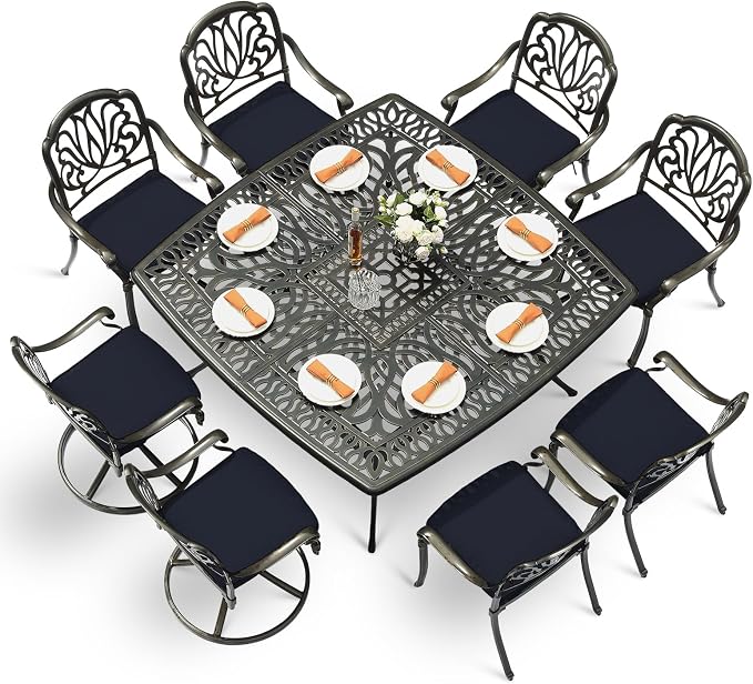 VIVIJASON 9-Piece Outdoor Furniture Dining Set, Cast Aluminum Patio Table and Chairs Set with 6 Stationary Chairs, 2 Swivel Rocker Chairs, 64" Large Square Dining Table, Umbrella Hole, Navy Blue