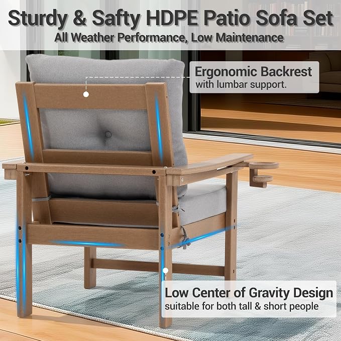 7-Piece HDPE Patio Conversation Set w/ 4 Cup Holders, All-Weather Outdoor Sectional Furniture, Thick Washable Cushions, Coffee Table & Side Table for Backyard Porch Poolside, Brown