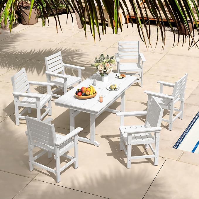 5 Piece Patio Dining Set, 66" Rectangle HDPS Weather Resistant Outdoor Table & 4 Patio Chairs Set with 1.96" Umbrella Hole, Heavy Duty Chairs for Backyard Balcony Deck, White