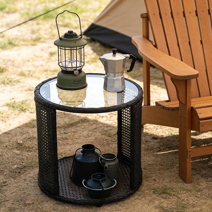 Kinfant Round Outdoor Wicker Coffee Table – Patio Side Table with Tempered Glass Top, Ottoman Style End Table for Balcony, Porch, Deck, Garden, Weather-Resistant Rattan, Easy Assembly, Black