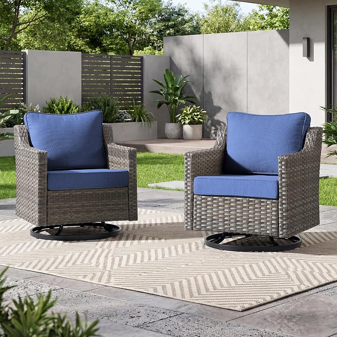 Luxury Patio Furniture Chairs Set - 2 Pieces All Weather Wicker Outdoor Couch and High Back Swivel Rocker Patio Chairs for Deck Yard and Poolside Gray Wicker | Blue Cushions
