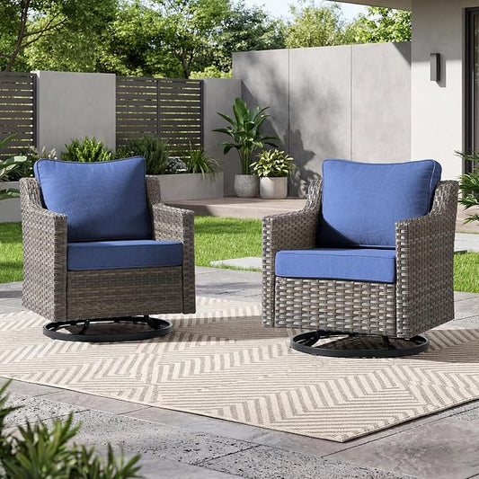 Luxury Patio Furniture Chairs Set - 2 Pieces All Weather Wicker Outdoor Couch and High Back Swivel Rocker Patio Chairs for Deck Yard and Poolside Gray Wicker | Blue Cushions