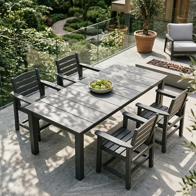 Kingdura 5 Piece Patio Dining Set for 4, 75.2'' HDPE Outdoor Dining Table Set with 2" Umbrella Hole, Weather-Resistant Outdoor Furniture, Table and Chairs Set for Backyard Pool Garden, Grey