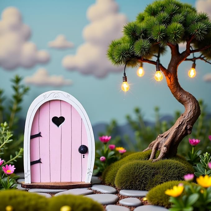 Jinshining Pink Streak Mini Fairy Garden Door for Tree, 3D Miniature Fairy Door for Fairytale Tiny House Doors, Bonsai Terrarium Micro Landscape Decoration Accessories Garden Miniatures