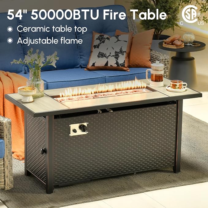 10 Pcs Outdoor Sectional Patio Furniture Set with Fire Pit Table - All Weather Wicker Modular Outside Sectional Couch,Patio Seating Outdoor Conversation Sets for Deck Yard Garden,Blue