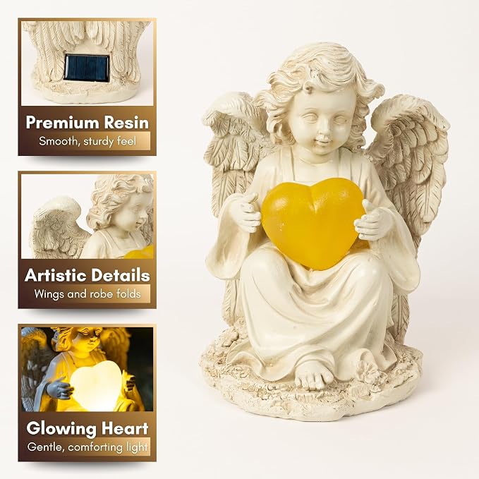 Solar Angel Garden Statue with Heart, 8" Guardian Memorial Outdoor Light | Glowing Lighted Heart, Bright Every Night, Weatherproof Resin Built to Last - a Sympathy Garden Gift for Women, Mom and Dad