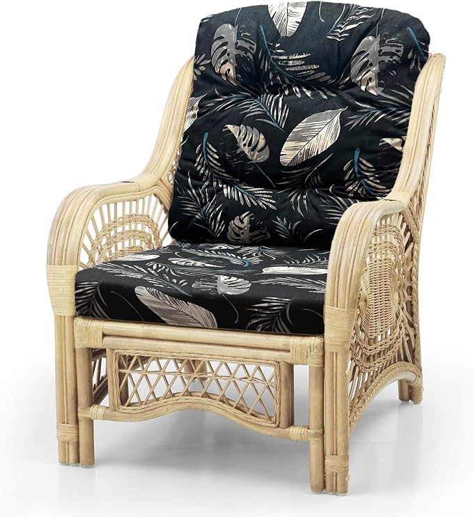 Malibu Lounge Set of 4: 2 Natural Rattan Wicker Chairs, Three-Seater Sofa and Coffee Table with Glass Handmade, Natural Color with Black Leaf Cushions