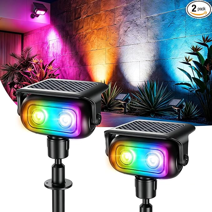 Brizled Solar Spot Lights Outdoor Landscape RGB Color Changing Spotlight | 360° Rotation Head; 9 Color & 11 Mode; IP65 Waterproof; Adjustable Height; Stake or Wall Mounted for Yard Tree Garden Pathway