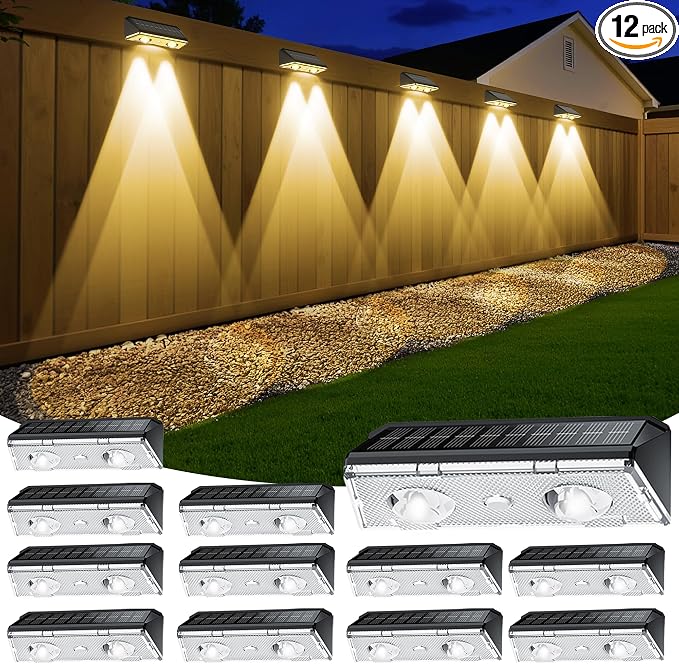 KEILAIMO Solar Fence Lights Outdoor, 12 Pack IP65 Waterproof Fence Lights Solar Powered with Ultra-Bright LED Lens, 9 Color Modes, 12+ Hours Steady Glow for Deck/Backyard/Patio/Pool/Wall - Black