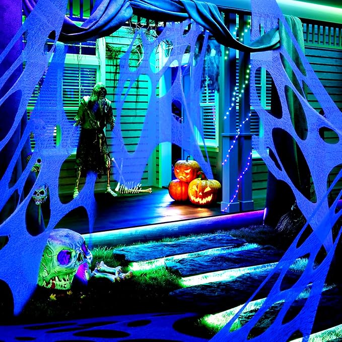 Glow in The Dark White 1000 Sqft Uncut Giant Spider Web Halloween Decorations Outdoor with 1 Black Light &10 Ground Nails Stretchy Beef Cloth Netting DIY Flexible Elastic for Yard Party Decor