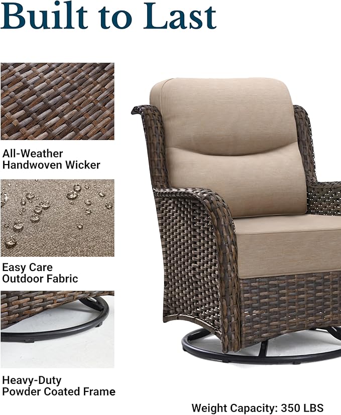 HILLGA Luxury Outdoor Patio Furniture Set with 6-Inch Thick Cushions, High Back Wicker Swivel Rocker Chairs, 6 Pcs All Weather Conversation Set for Large Deck, Yard and Poolside, Beige (V3)