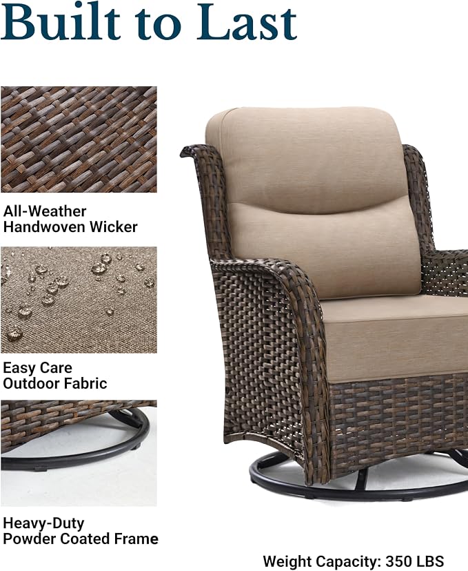 HILLGA Luxury Outdoor Patio Furniture Set with 6-Inch Thick Cushions, High Back Wicker Swivel Rocker Chairs, 3 Pcs All Weather Chairs Set for Small Porch, Deck and Sunroom, Beige (V3)