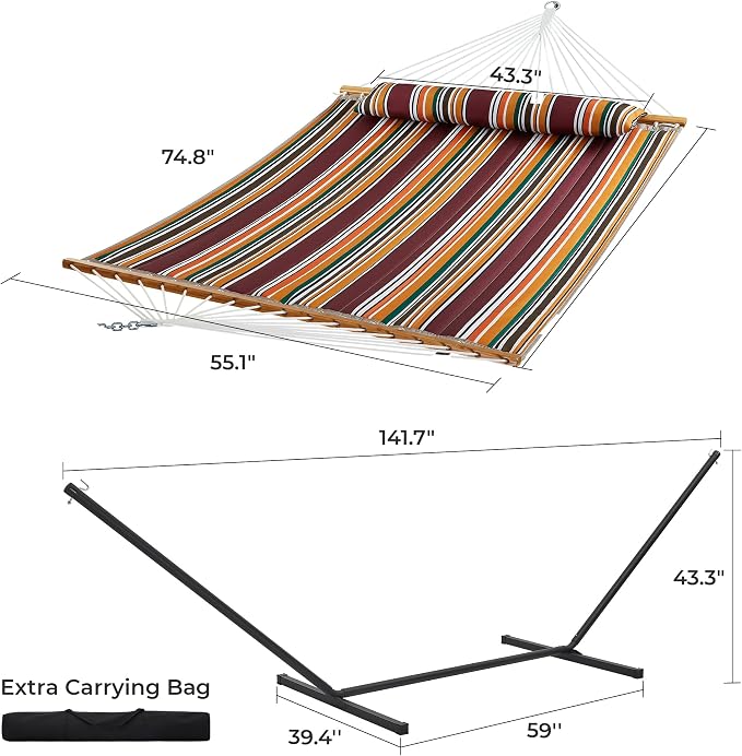 SUPERJARE Hammock with Stand, 2 Person Quilted Outdoor Hammock, Detachable Pillow & Bamboo Spreaders, Portable Hammock with Carrying Bag, Heavy Duty Stand, Perfect for Outside, Patio, Maple-Leaf Red