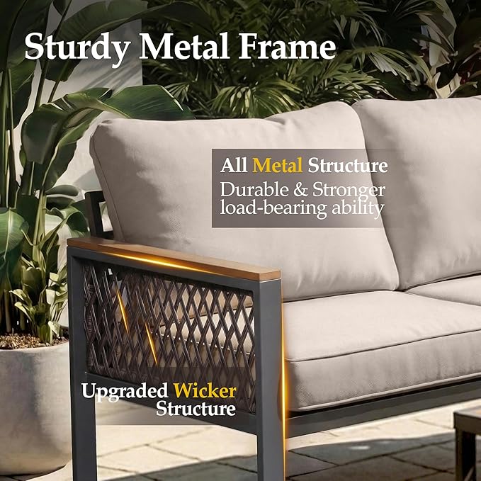 UPHA 7 Pieces Patio Furniture Set with 56" Propane Gas Fire Pit Table, Metal Outdoor Sectional Couch Set with Loveseat & 3-Seat Sofa, Modern Patio Conversation Set for Porch Balcony Deck, Beige