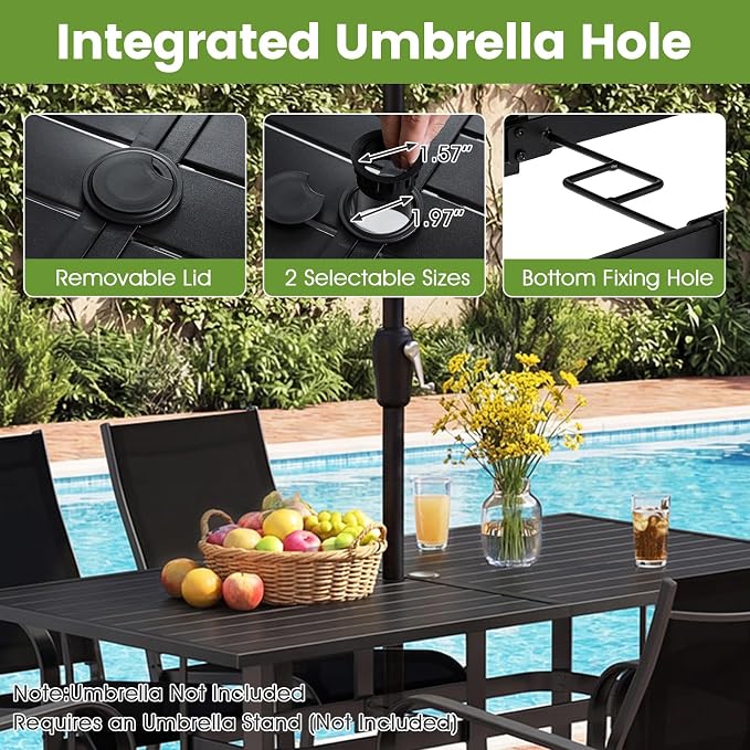 Tangkula 7 Pieces Patio Dining Set for 6, 63” x 33” Outdoor Rectangle Metal Table with Umbrella Hole & 6 Stackable Breathable Mesh Armchairs, Outside Furniture Set for Backyard, Garden & Porch (Brown)