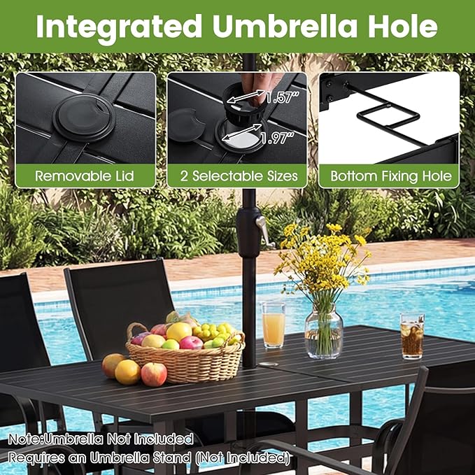 Tangkula 7 Pieces Patio Dining Set for 6, 63” x 33” Outdoor Rectangle Metal Table with Umbrella Hole & 6 Stackable Breathable Mesh Armchairs, Outside Furniture Set for Backyard, Garden & Porch (Black)