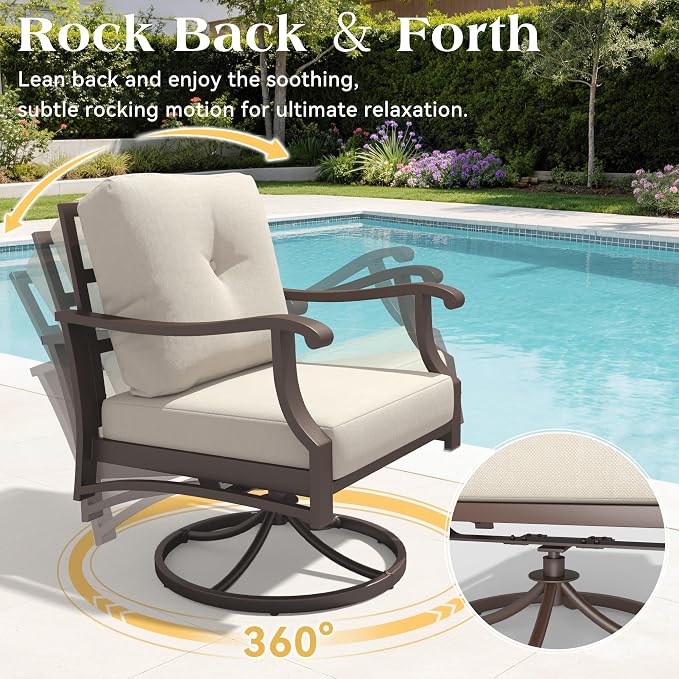 4 Piece Patio Furniture Set, Metal Outdoor Conversation Set w/3-Seat Sofa, 2 Rocking Swivel Chairs, Side Table, Patio Bistro Set w/5" Thickened Cushions for Backyard, Poolside, Beige