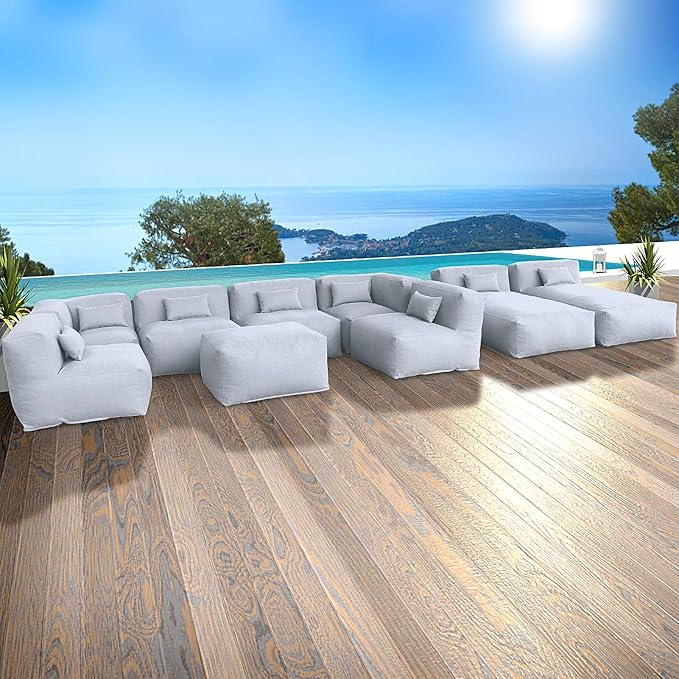Dineli ANNYH Patio Eraclea 9PCS Outdoor Furniture Sectional Conversation Set - 2 Lounger 4Middle 2 Corner 1 Ottoman/Coffee-Expansion Foam Filling Chairs. Unique Modular Contemporary Sofa (Cloud Gray)