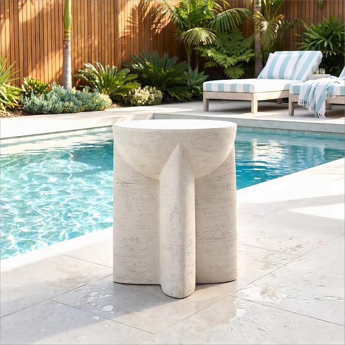HOMPUS Outdoor Side Table Round, Lightweight Concrete End Table w Corss Base, Patio Accent MgO Coffee Table, Stone Garden Tool for Patio, Porch and Deck, Antique Beige