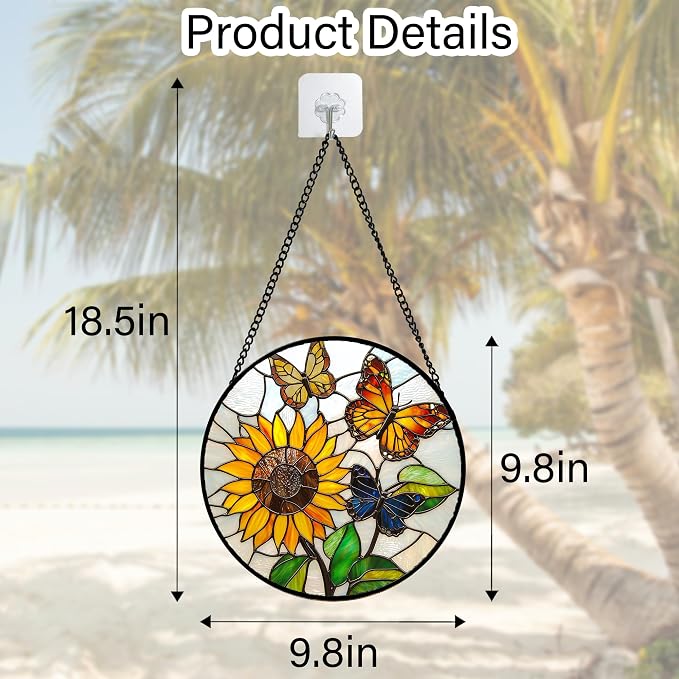 DASTOLL Stained Glass Window Hanging, Butterfly and Sunflowers Sun Catchers Glass Panel Plant Insects Suncatcher Decor for Birthday for Women, Men, Wife, Aunt, and Mom 9.8 in