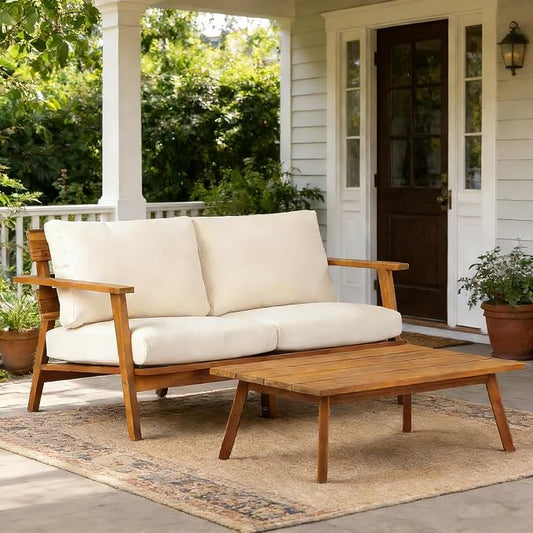 Christopher Knight Home Colmar 2 Pieces Conversation Set, Mid Century Patio Loveseat Sofa and Coffee Table, Outdoor Acacia Wood Loveseat and Table Set with Cushions in Slats Panels Design, Teak+ Beige