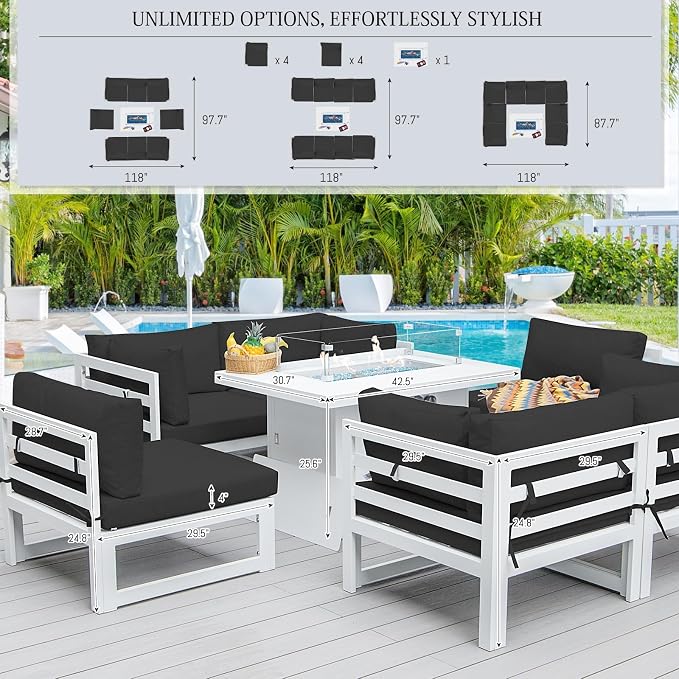 BULEXYARD 9 Pcs Large Modern Aluminum Outdoor Sofa with Rectangular Fire Pit Table, 29" Deep Wide Seat, 500 lbs Durable Sectional Set for Heavy People, All-Weather Patio Furniture Set for Deck, Black