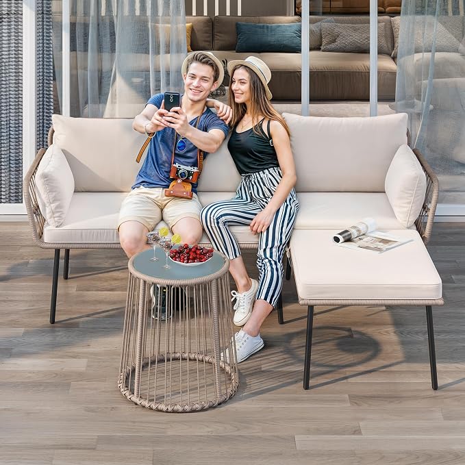 YITAHOME 3 Piece Patio Furniture Set Wicker Patio Sectional with Detachable Cushions and Coffee Table Outdoor Furniture Set L-Shaped Sectional Conversation Sofa Set for Backyard Porch Balcony - Beige
