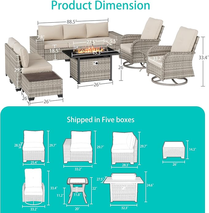 10-Piece Outdoor Patio Furniture Set with Rocking Swivel Chair, PE Wicker Rattan Sectional Sofa Patio Conversation Set with 55,000 BTU Fire Pit Table & Coffee Table, White