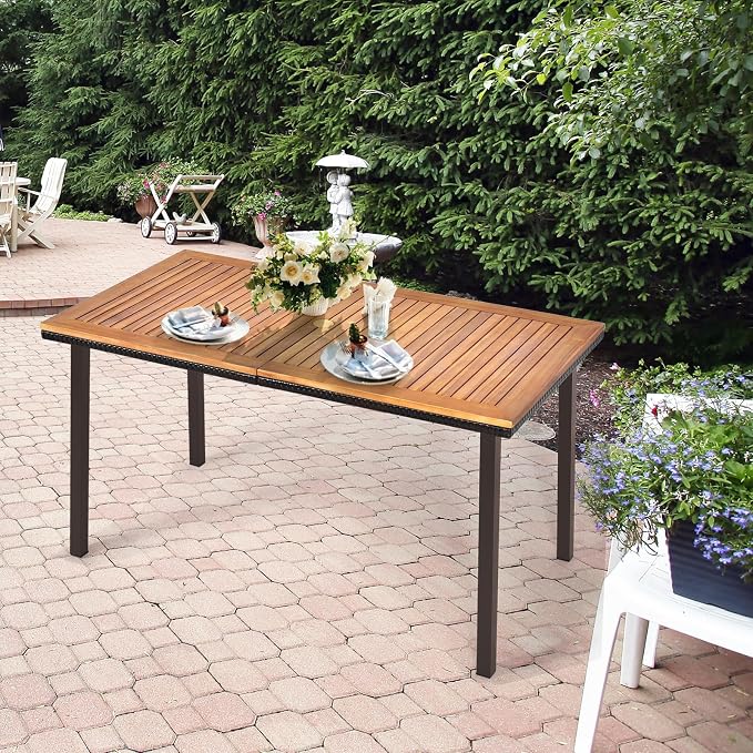 SlickBlue 55" Outdoor Acacia Dining Table with Umbrella Hole for Garden Patio
