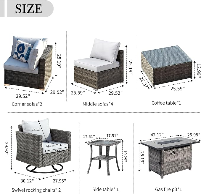 HOOOWOOO 11 Piece Patio Sectional Furniture Set with Fire Pit Table,Modern Wicker Outdoor Conversation Sofa Sets,Weather Resistant Modular L Shaped Outside Couch Swivel Chair Set(Navy Blue)