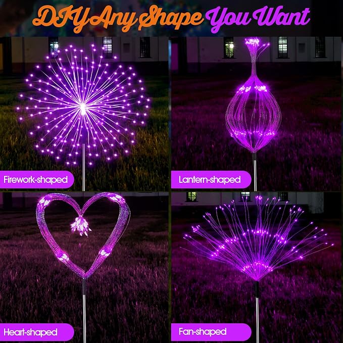 Tujoe 6 Pcs Halloween Solar Firework Stake Lights 180 LED 8 Modes Solar Waterproof LED Sparkler Lights Outdoor Decoration for Garden Patio Yard Pathway Walkway Lawn Xmas Decor (Purple)