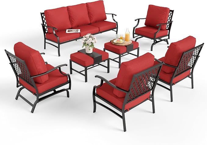 MIXPATIO Patio Furniture Set 7 pcs, Outdoor Patio Furniture, 3-Seat Sofa, 2 Single Chairs, 2 Rocking Chairs, 2 Ottomans and 5.75" Extra Thick Cushion, Patio Conversation Set for Backyard Deck,Red