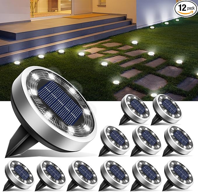 btfarm 12 Pack Solar Lights Outdoor, 8 LED Solar Ground Lights IP65 Waterproof Flat Solar Disc Light, Pathway Lights for Garden Lawn Patio Yard Path Landscape, Cool White