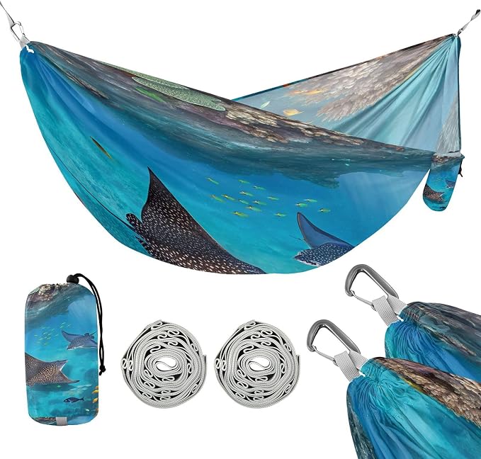 Sea Stingray Camping Hammock, Portable Lightweight Single Hammock with Tree Straps and Aluminum Carabiners, 114" x 54" Travel Hammock for Hiking Backpacking Beach