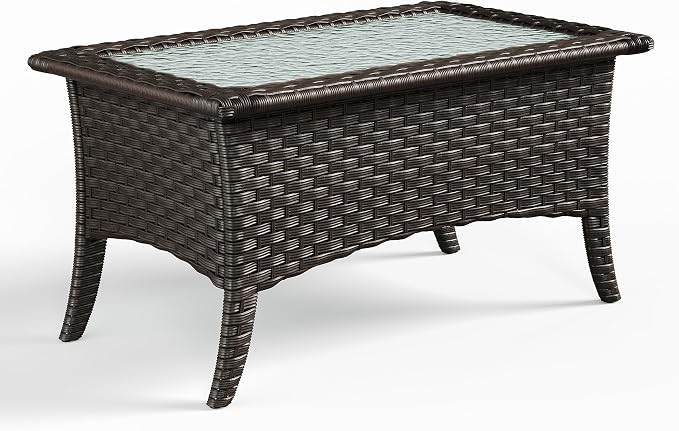 Sundale Outdoor Wicker Coffee Table, All Weather Rattan Patio Coffee Table with 39.57" x 22.83" Tempered Glass Top, Rectangular Tables for Patio, Backyard, Deck, Garden