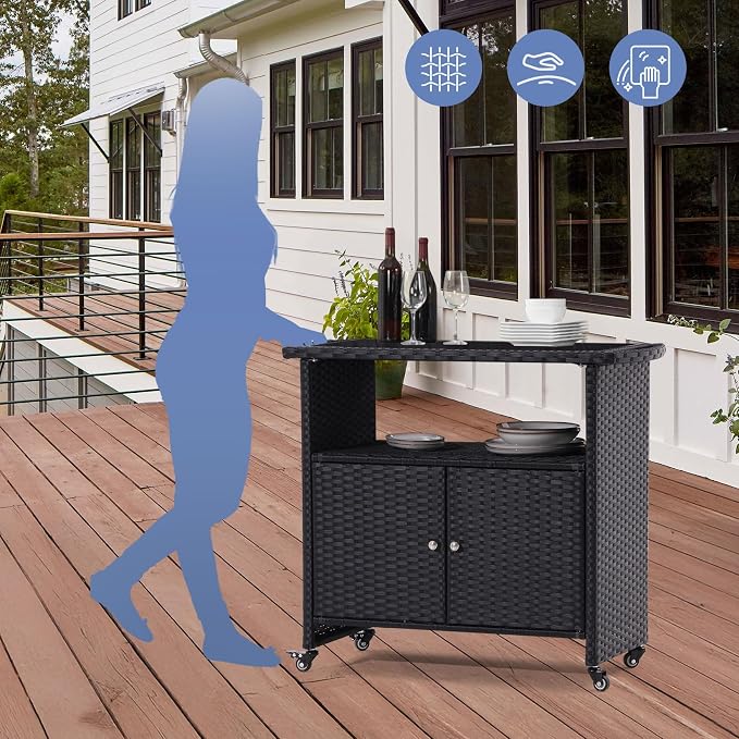 Outdoor Kitchen Wicker Island Rolling Cart with Storage Cabinet Outside Bar Cart Patio Bar Table, w/Wheels and Black Glass Table Top, Black