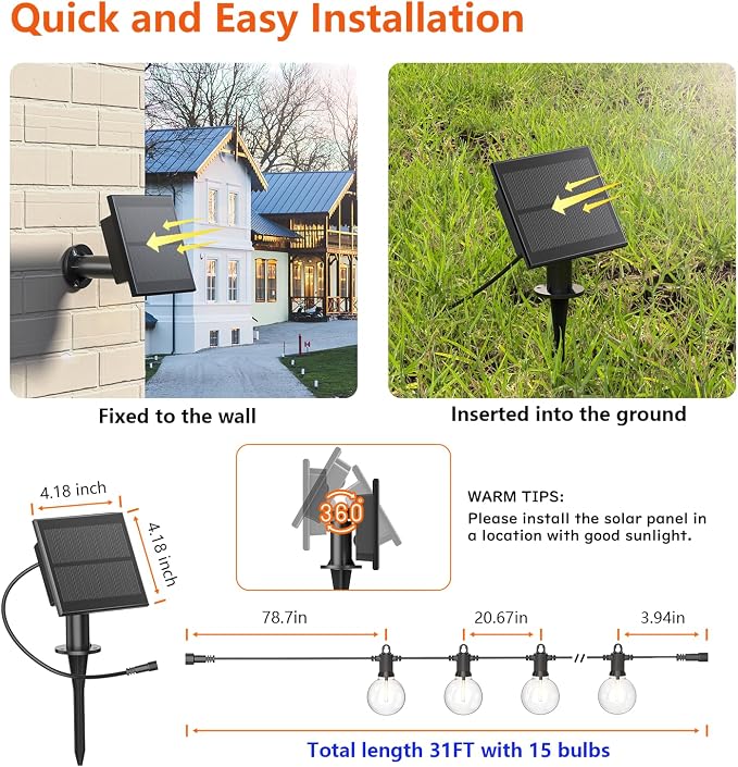 Kawaya G40 Outdoor String Lights Solar 31FT IP65 2700K LED Patio Light | IP65 Shatterproof Hanging Edison Blubs,2700K Warm White for Garden Porch Fence Camping Party Backyard Deck Bistro Balcony