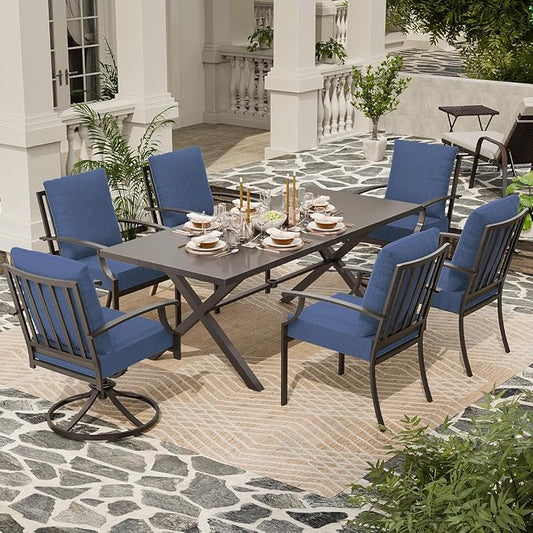 7 Piece Outdoor Dining Set for 6, Metal Patio Table and Chairs with Cushions, Patio Furniture Set with 2 Swivel Chairs, Rectangular Patio Dining Table with Umbrella Hole, Lawn Deck, Yard, Navy