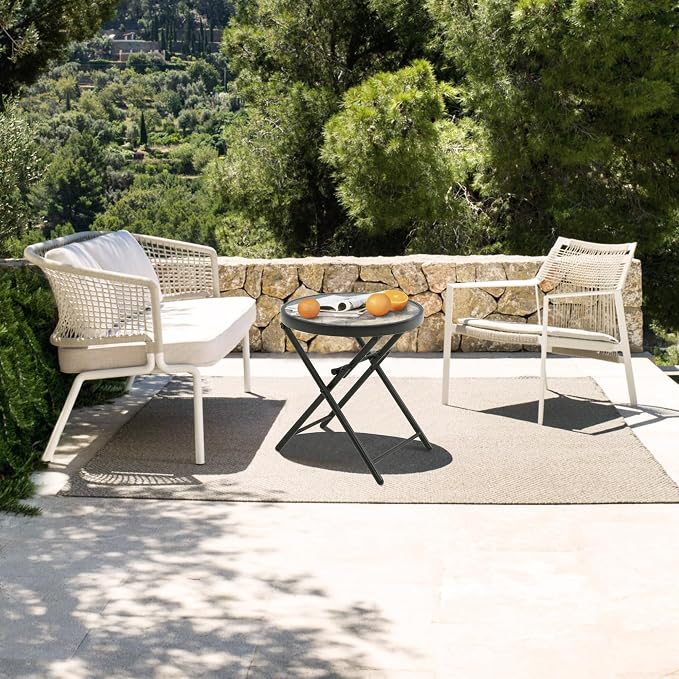 Folding Outdoor Side Table -Patio End Bistro Tables Portable Small 17.5" Round Tempered Glass Top Waterproof Dining Coffee Metal Black