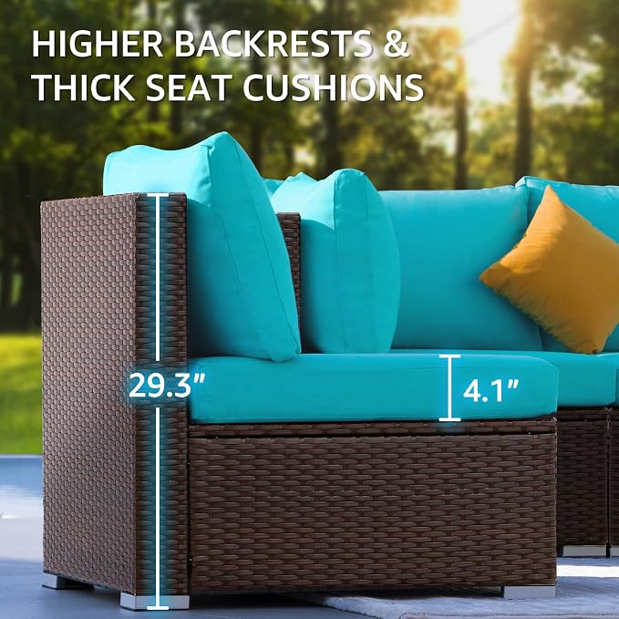 NICESOUL 15 Piece Outdoor Sectional with Fire Pit Table, Modern Luxury Patio Deep Seating w/Firepit, 29.3'' High-Back Wicker Couch Thick, Big High-Weight Capacity Sofa for Garden, Yard, Brown & Teal
