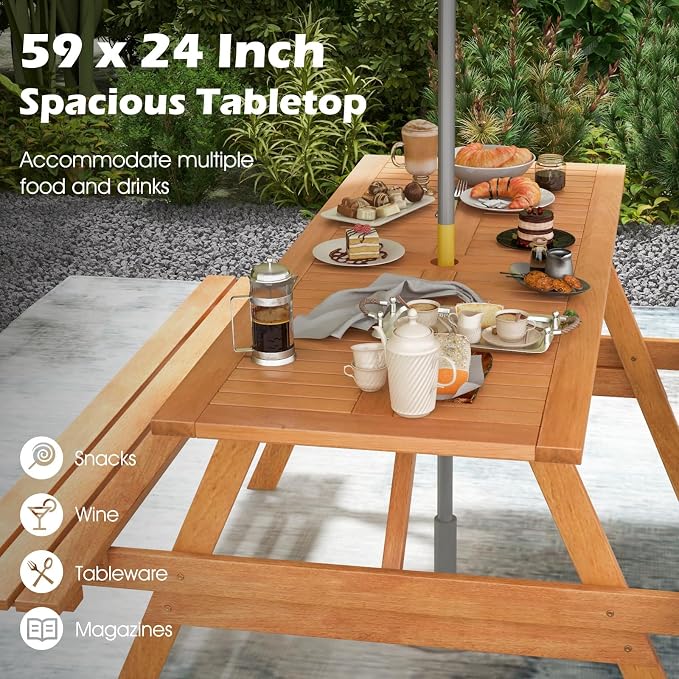 Tangkula Picnic Table with 2 Benches, Outdoor Wood Picnic Table Bench Set with 2-Inch Umbrella Hole, Slatted Tabletop & Seat, Outside Table and Bench Set for Garden, Backyard, Porch, Patio
