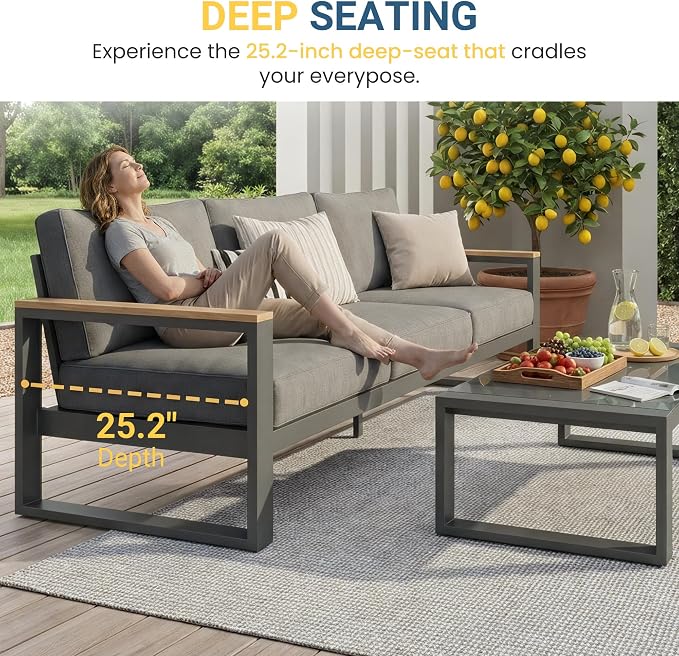 Aluminum Outdoor Patio Furniture Set with Height-adjustable Footrest for Lawn Porches Patio, 7-Seats All-weather Patio Sofa Sets with Coffee Table, Modern Outdoor Patio Conversation set, Grey