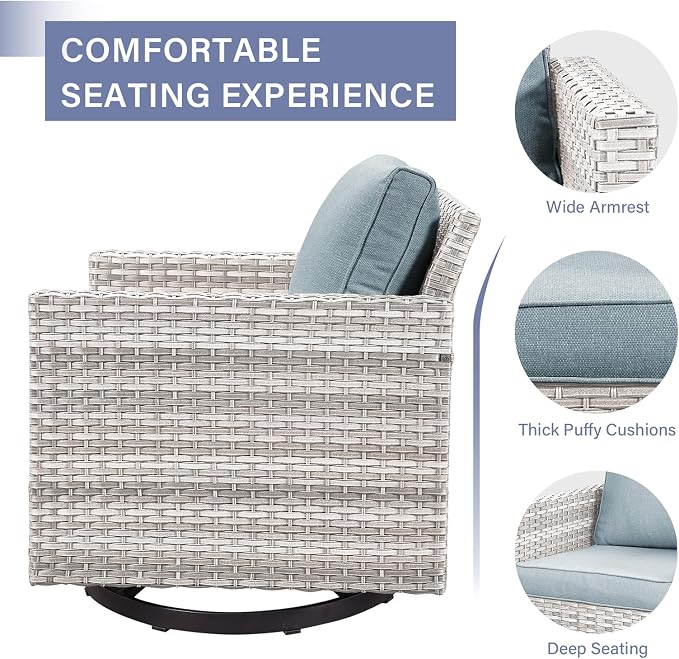 Wicker Outdoor Patio Furniture Set - 5 Piece Patio Conversation Set with 2 Swivel Rocker Chairs,2 Rattan Ottoman and 1 Metal Side Table for Outside Porch Deck Backyard Garden(Light Grey/Sky Blue)